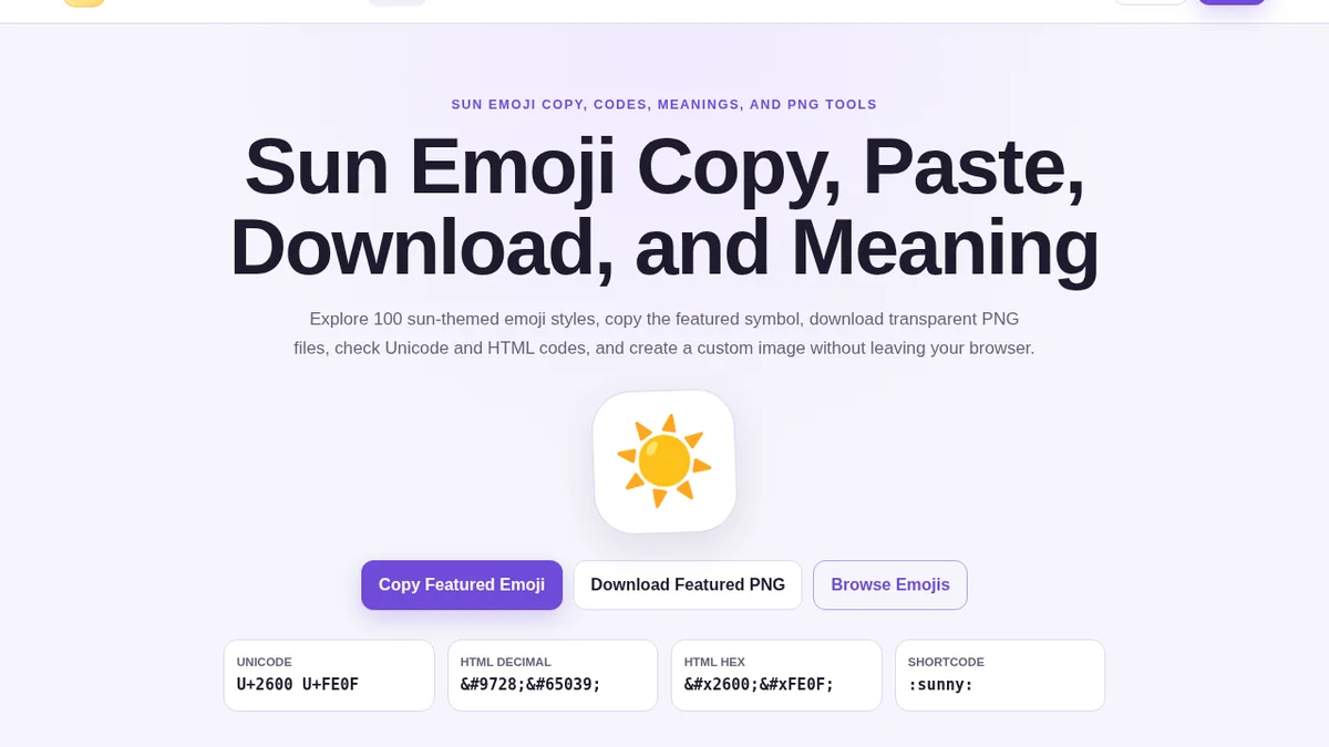 Sun Emoji copy and paste website displayed on a desktop screen