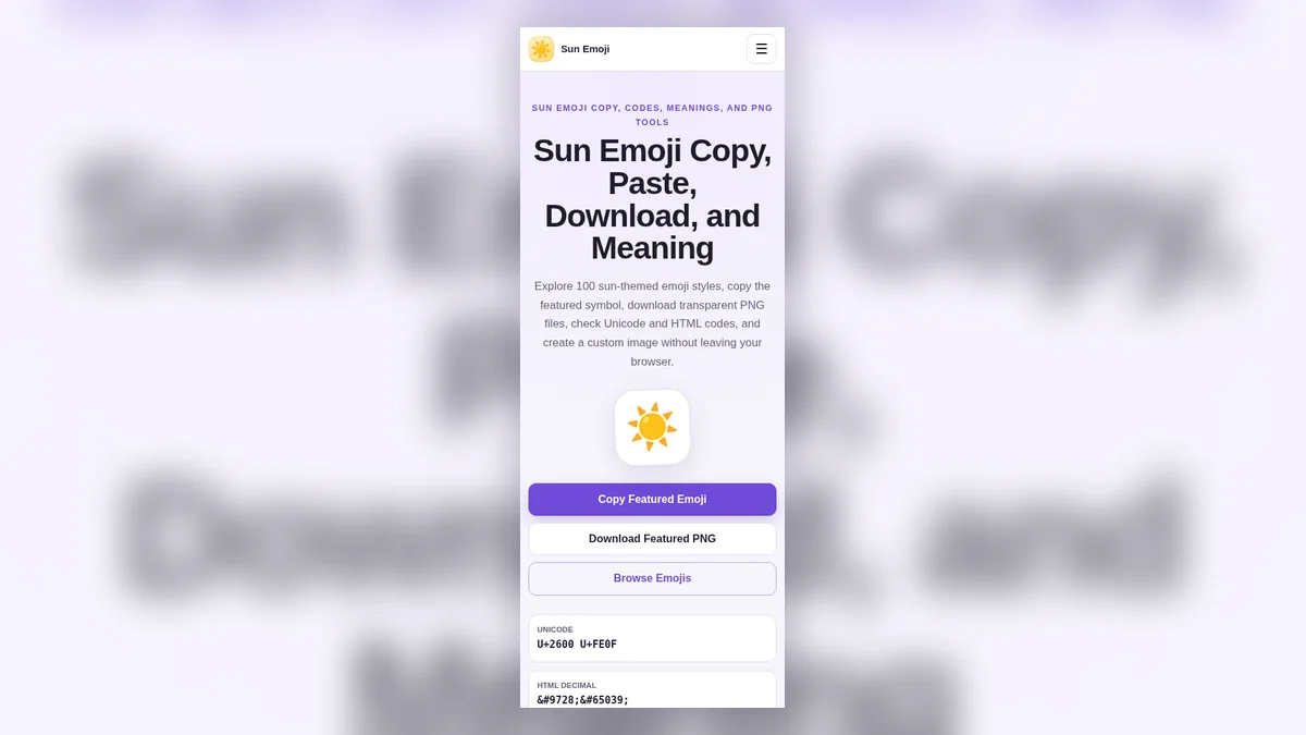 Responsive Sun Emoji copy and paste website displayed in a mobile layout